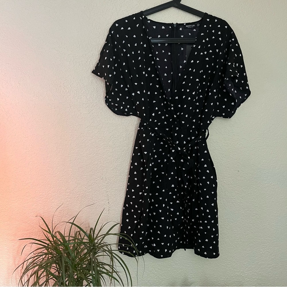 Black and white wrap mini dress